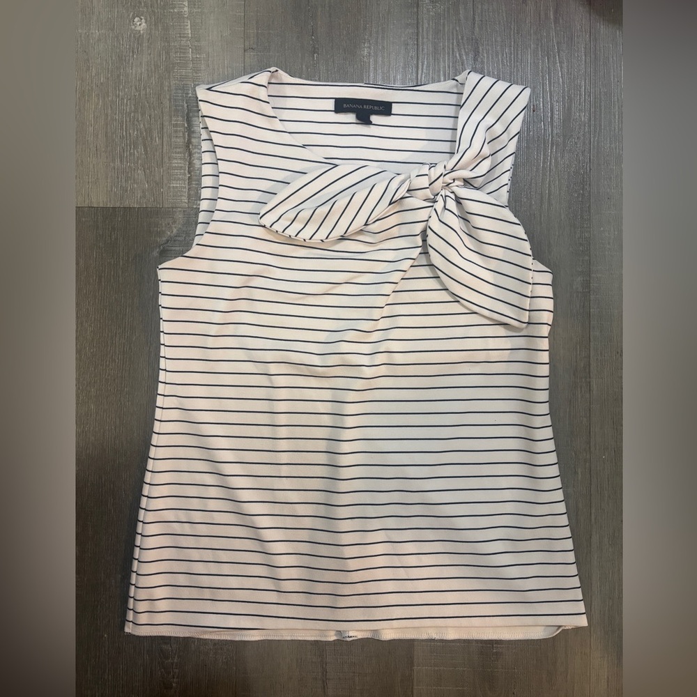 Banana Republic Cream and Navy Striped Sleeveless Bow-Accent Top
